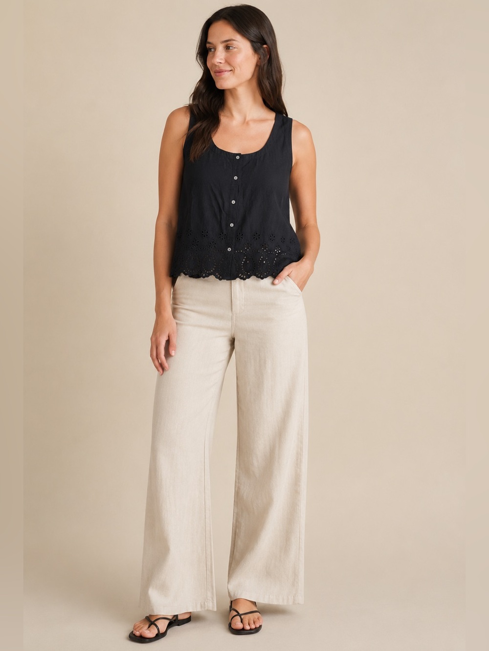 GAP Black Linen Blend Embroidered Eyelet Vest Button Front Women’s Size Large